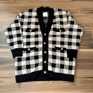 Sandro Jisou Checked Oversized Cardigan Wool Size 1 Small Black Cream